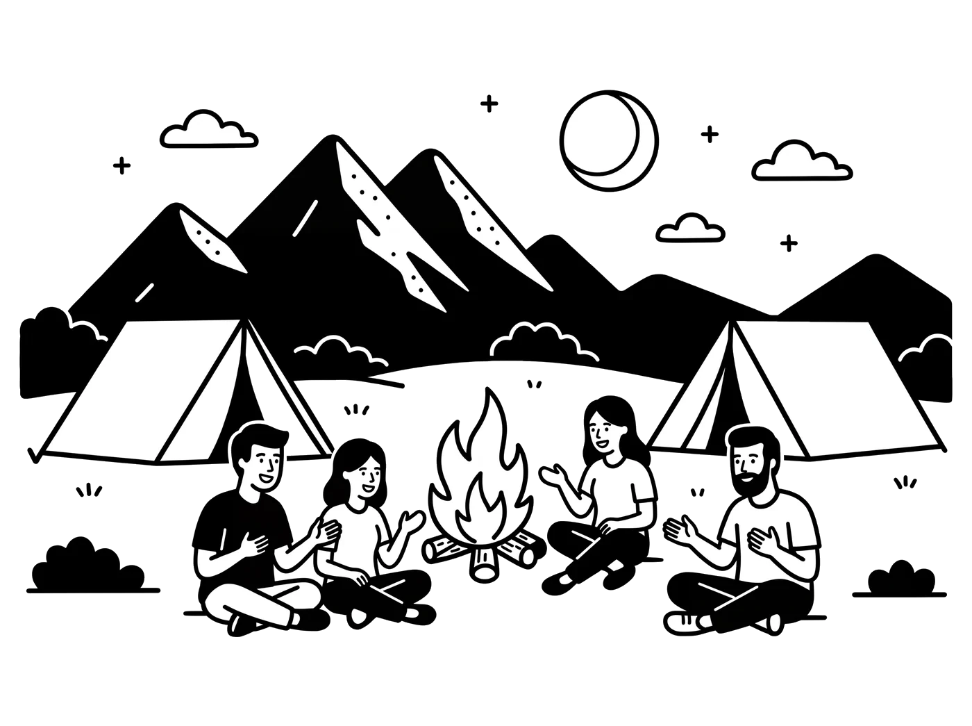 Иллюстрация AI Camp: участники у костра