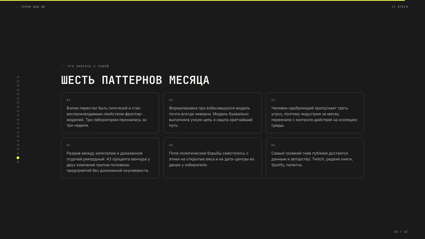 Темный финальный экран с шестью пронумерованными карточками выводов