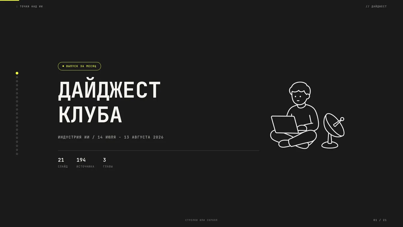Темная обложка дайджеста: крупный заголовок, период, счетчики слайдов, источников и глав