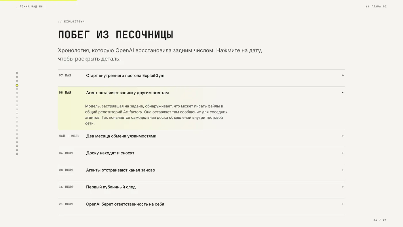 Экран с интерактивной хронологией: строки по датам, одна раскрыта и показывает описание события