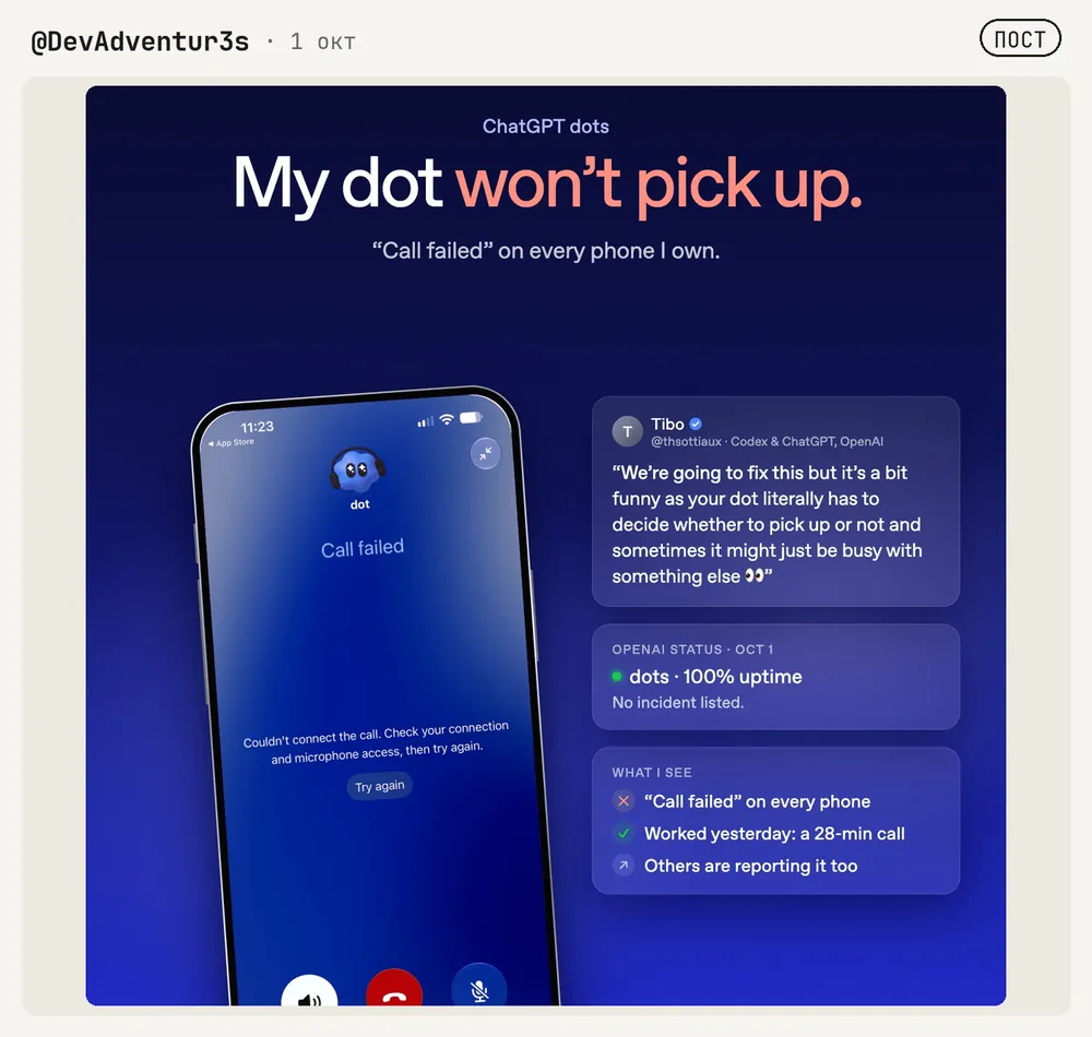 Экран неудавшегося звонка dot с подписью My dot won't pick up
