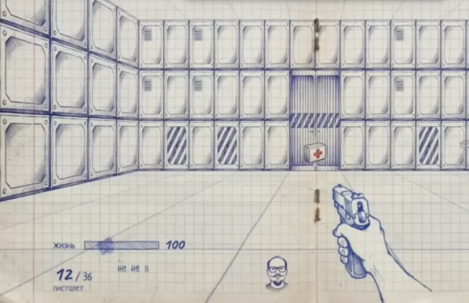 Тетрадочный Doom, коридор нарисован шариковой ручкой на клетчатом листе