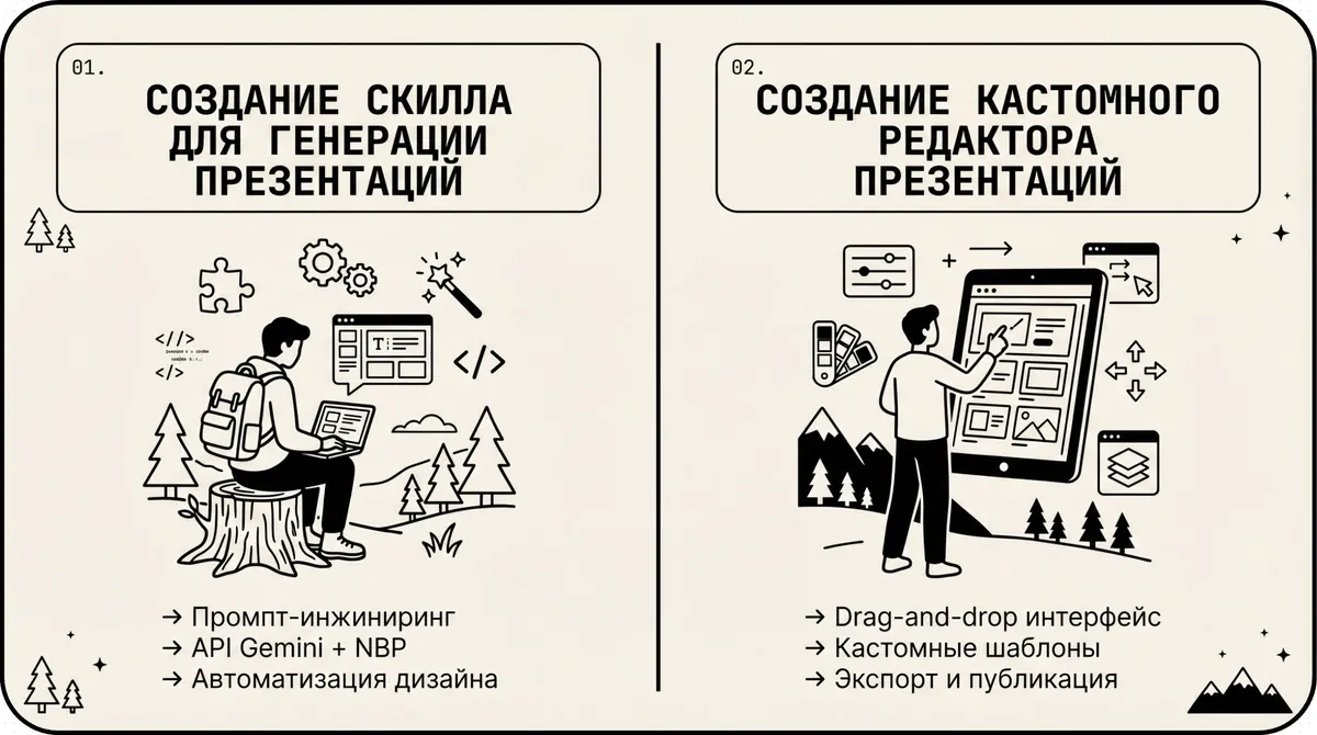 Слайд с двумя способами: создание скилла для генерации презентаций и создание кастомного редактора презентаций