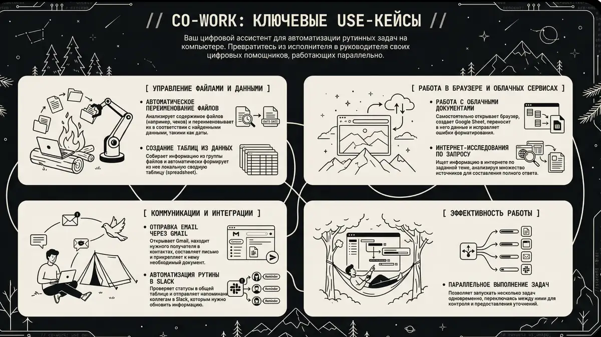 Темный слайд с четырьмя карточками use-кейсов, в каждой иллюстрация и буллеты