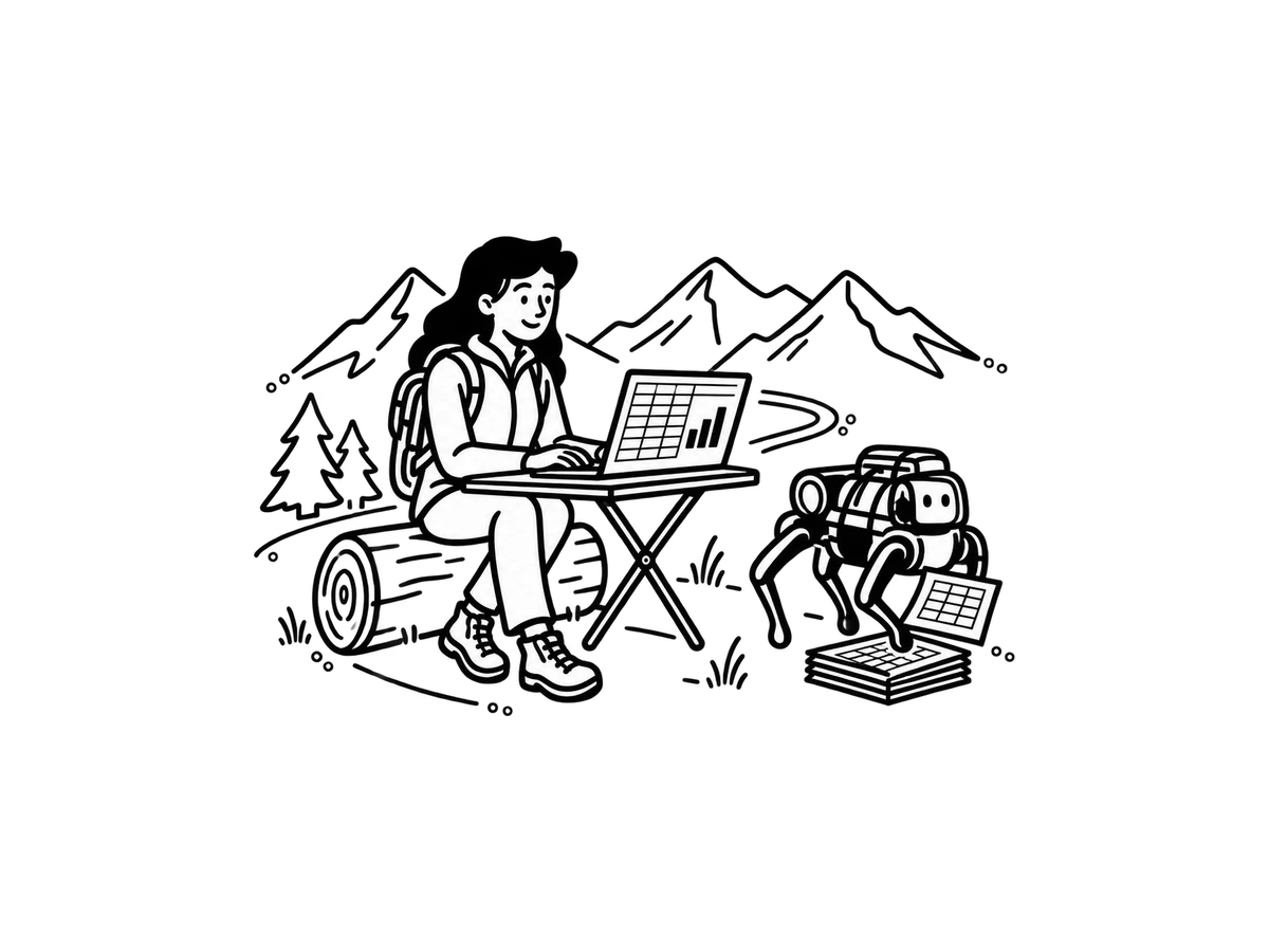 Человек за походным столом работает с таблицей, а AI-помощник собирает листы в аккуратную стопку