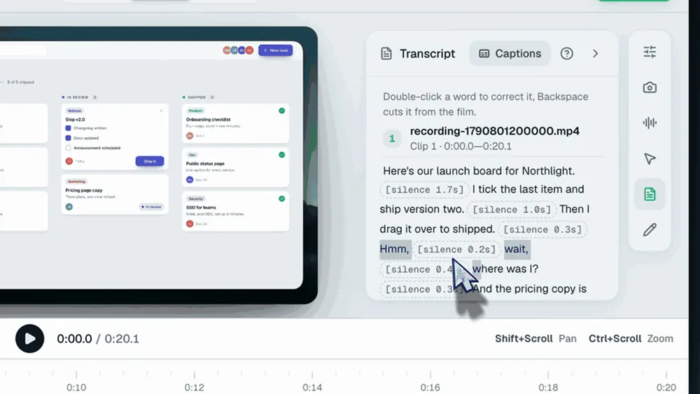 OpenScreen: запись экрана и транскрипт с выделенными словами для вырезания